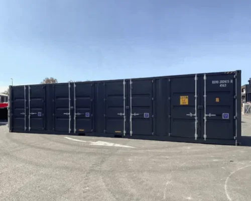 Contentor marítimo de 40 pés com abertura lateral e quatro portas, cor preta | Até 50% de desconto